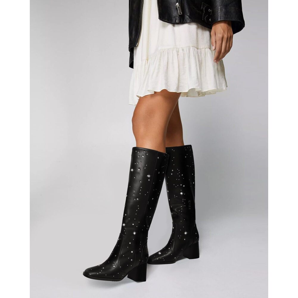 NEW MUCCCUTE BLACK RHINESTONE BOOTS FOR WOMEN SQUARE TOE KNEE HIGH BOOTS CHUNKY - Picture 5 of 5